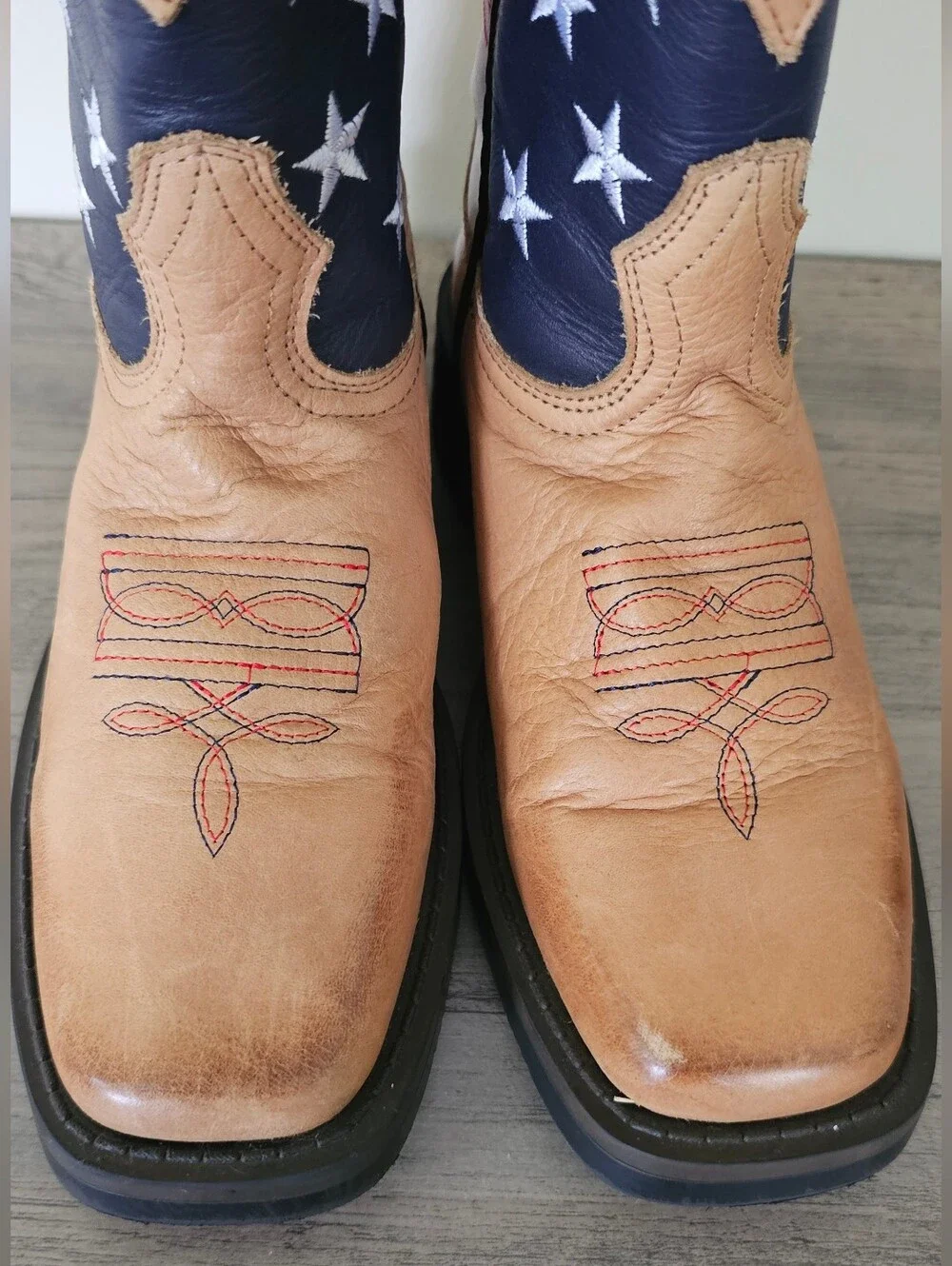 J.B. Dillon Kids Tan Cowboy Boots with American Flag Shaft Girl Boy Size 1